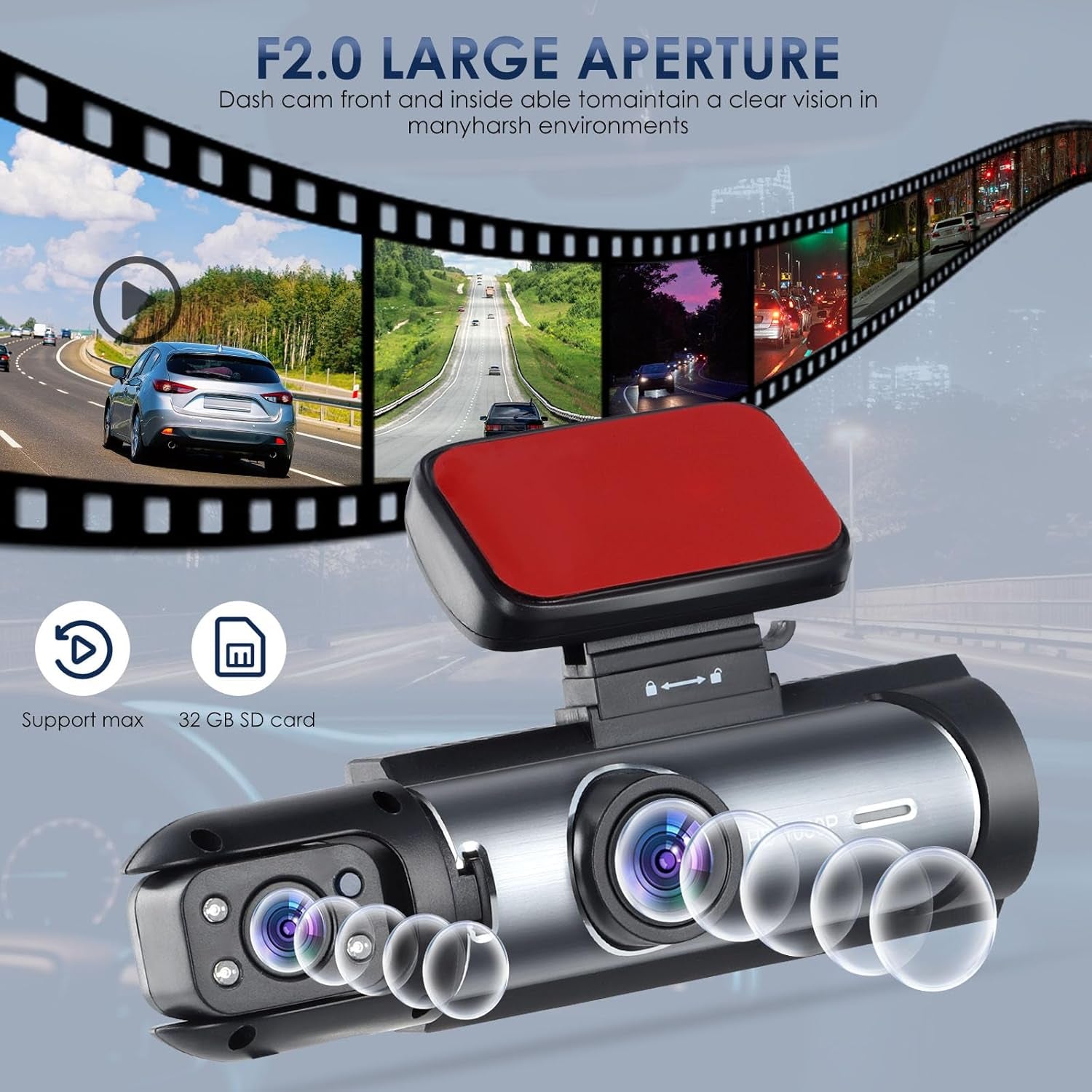Dash Cam Wifi Front and inside Car Camera, 1080P Full HD Dash Camera for Cars, Dash Camera with 32GB Card Adjustable, Super Night Vision, 150° Wide Angle, Parking Monitor