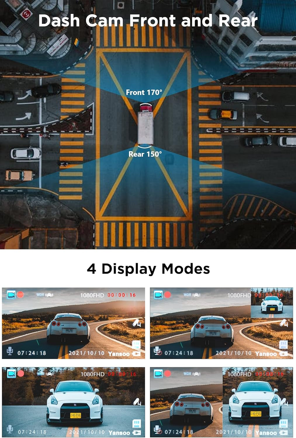 Dash Cam Front and Rear 1080P Full HD Dashcam 3" IPS Dash Camera for Car Dual Dashboard Camera with Night Vision, 170° Wide Angle, G-Sensor, Parking Mode Monitor, Loop Recording, Motion Detection