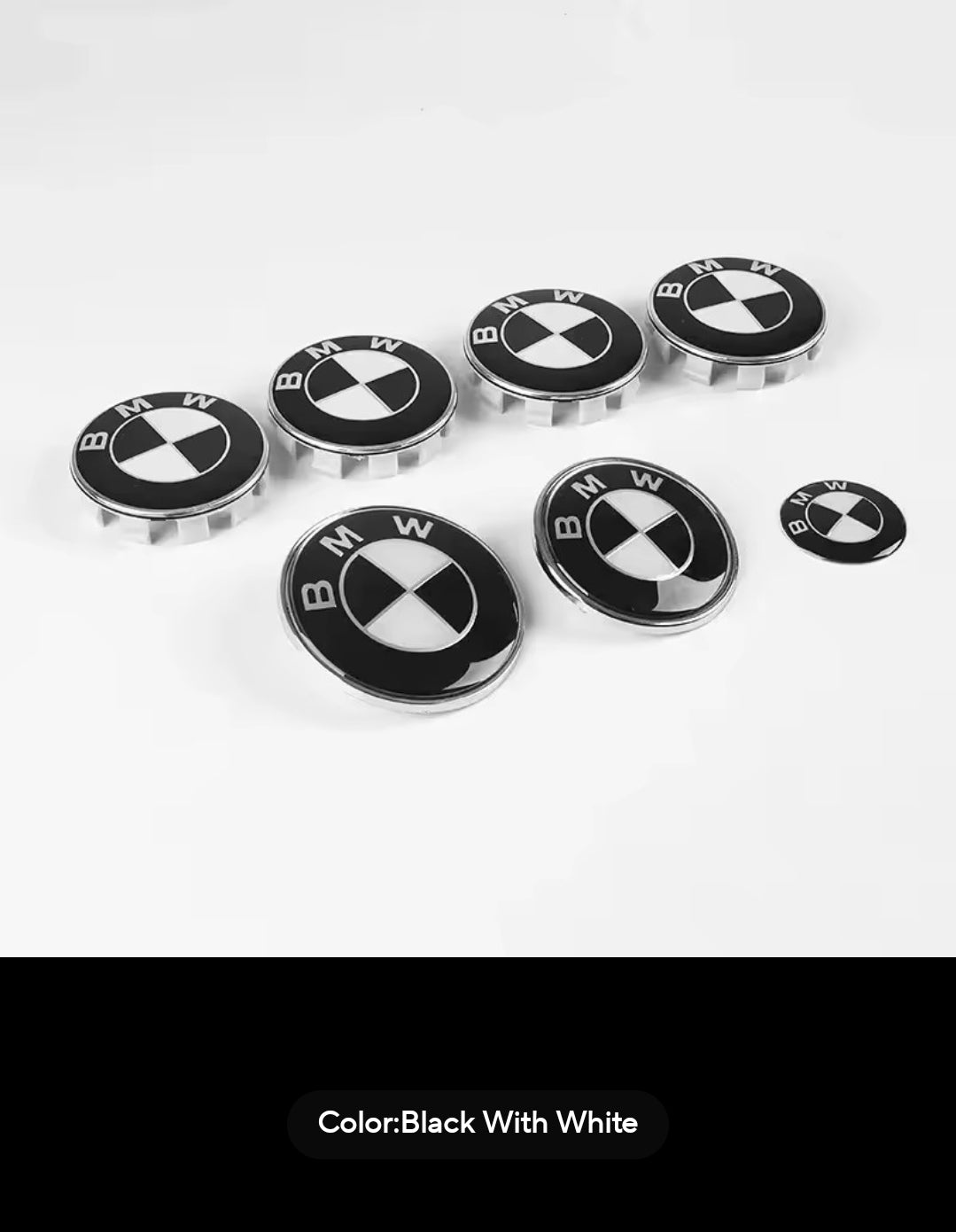 7PCS BMW Badge Set – 82mm Hood, 74mm Trunk, Wheel Center Caps & Emblems
