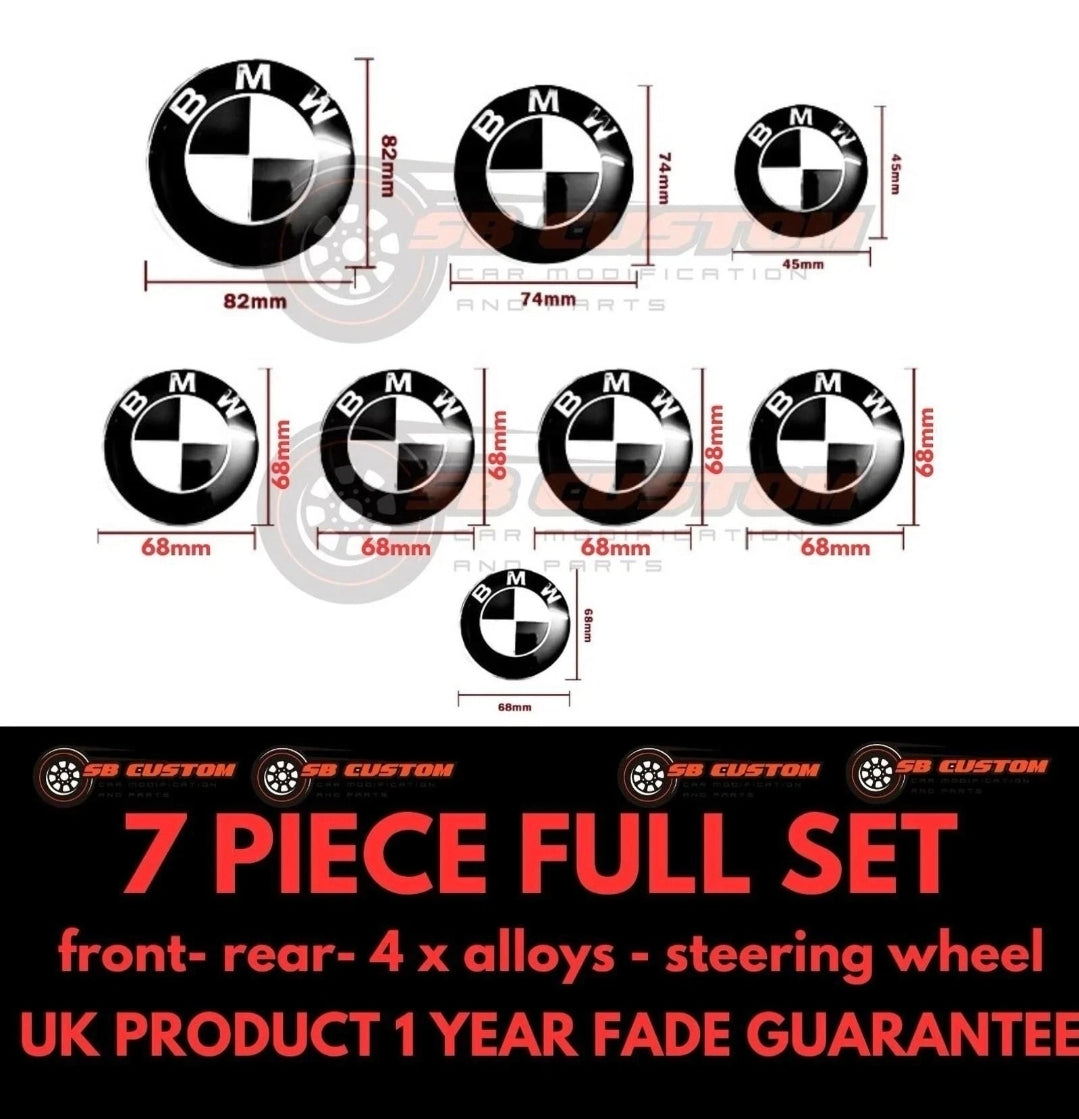 7PCS BMW Badge Set – 82mm Hood, 74mm Trunk, Wheel Center Caps & Emblems