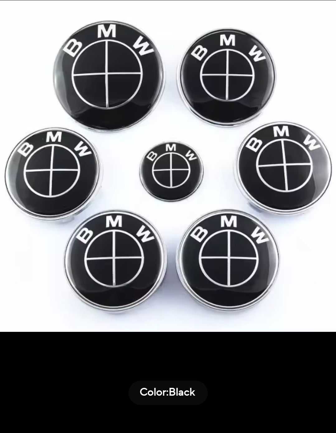 7PCS BMW Badge Set – 82mm Hood, 74mm Trunk, Wheel Center Caps & Emblems