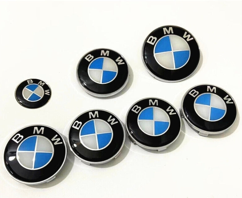 7PCS BMW Badge Set – 82mm Hood, 74mm Trunk, Wheel Center Caps & Emblems