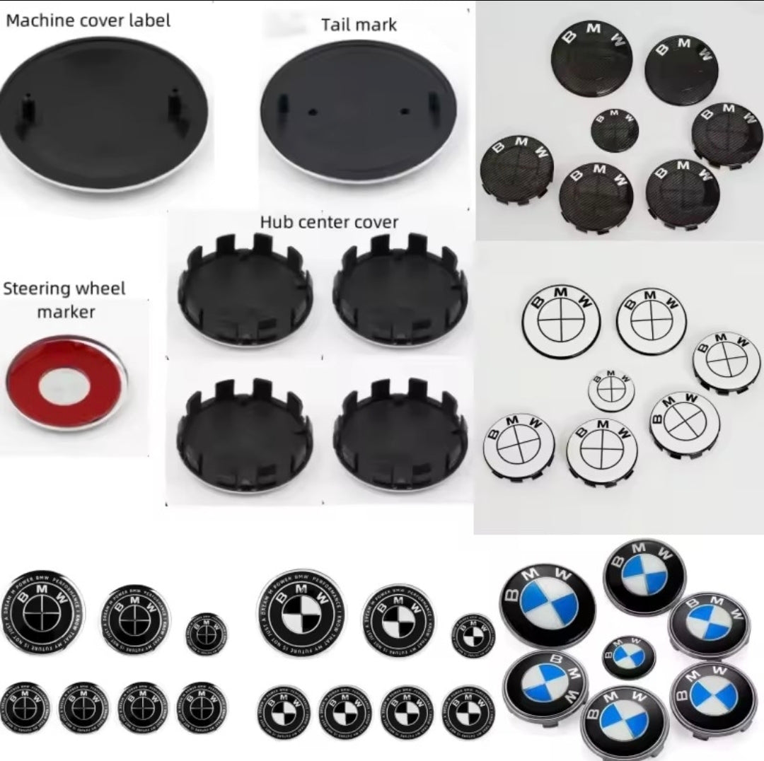 7PCS BMW Badge Set – 82mm Hood, 74mm Trunk, Wheel Center Caps & Emblems